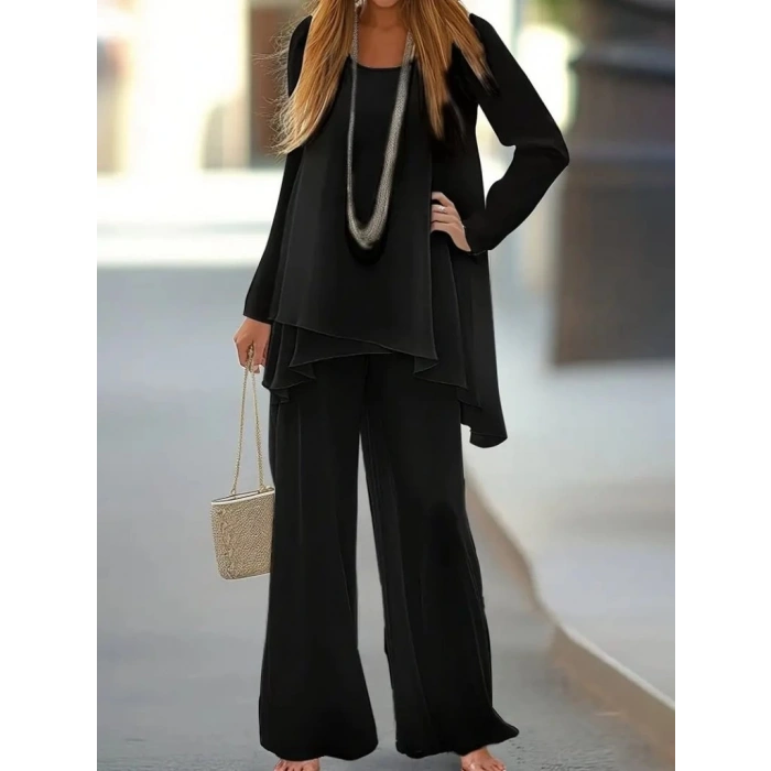 MDB Kadın Uzun Kollu Asimetrik Detaylı Salaş Sandy Bluz Ve Pantolon Ikili Takım