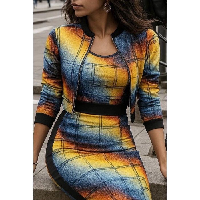 MDB Kadın Uzun Kollu Askılı Yuvarlak Yaka Desenli Dalgıç Bluz Ceket Ve Etek üçlü Takım