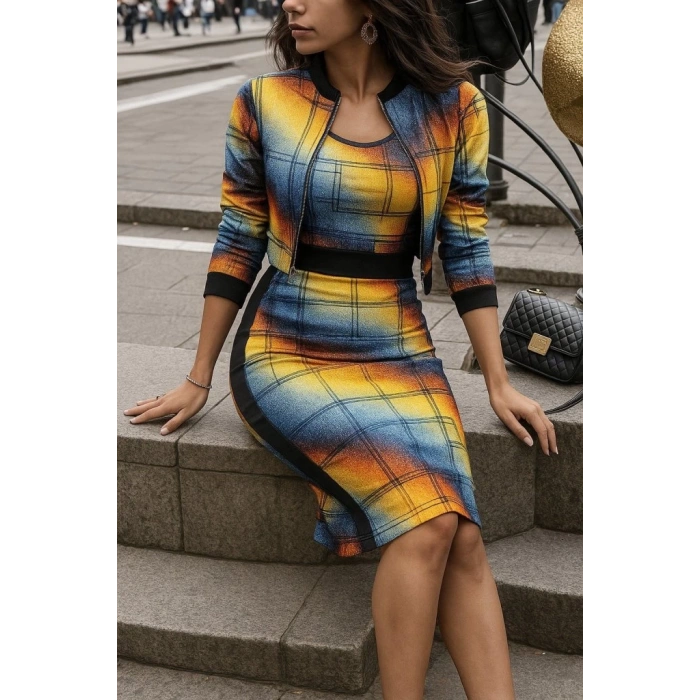 MDB Kadın Uzun Kollu Askılı Yuvarlak Yaka Desenli Dalgıç Bluz Ceket Ve Etek üçlü Takım