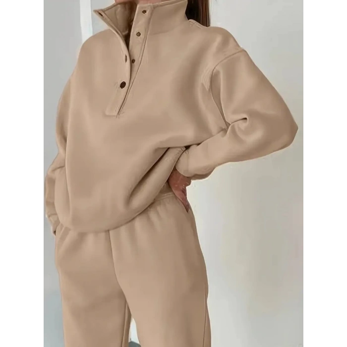 MDB Kadın Uzun Kollu Balıkçı Dik Yakalı Düğmeli üç Iplik Bluz Ve Pantolon Ikili Takım