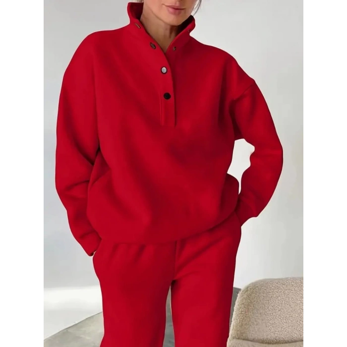 MDB Kadın Uzun Kollu Balıkçı Dik Yakalı Düğmeli üç Iplik Bluz Ve Pantolon Ikili Takım