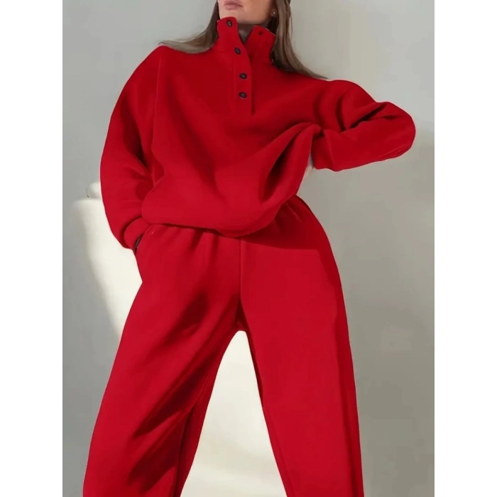 MDB Kadın Uzun Kollu Balıkçı Dik Yakalı Düğmeli üç Iplik Bluz Ve Pantolon Ikili Takım