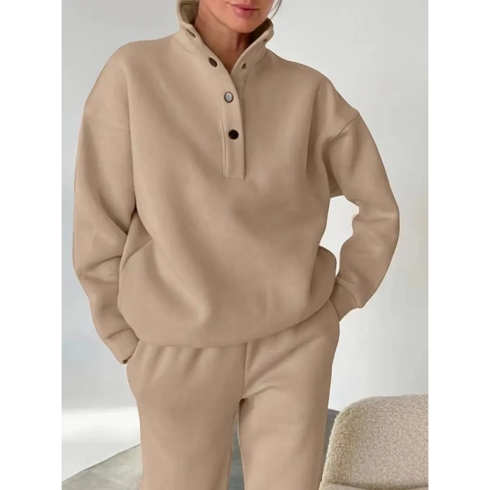 MDB Kadın Uzun Kollu Balıkçı Dik Yakalı Düğmeli üç Iplik Bluz Ve Pantolon Ikili Takım