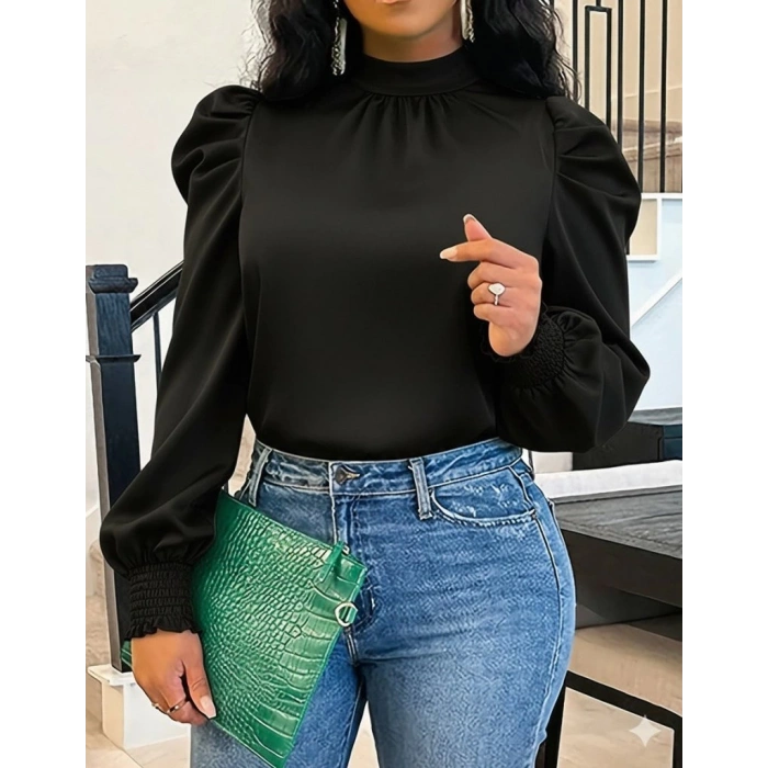 MDB Kadın Uzun Kollu Balıkçı Yaka Arkadan Bağlamalı Omuzlardan Balon Ithal Krep Bluz