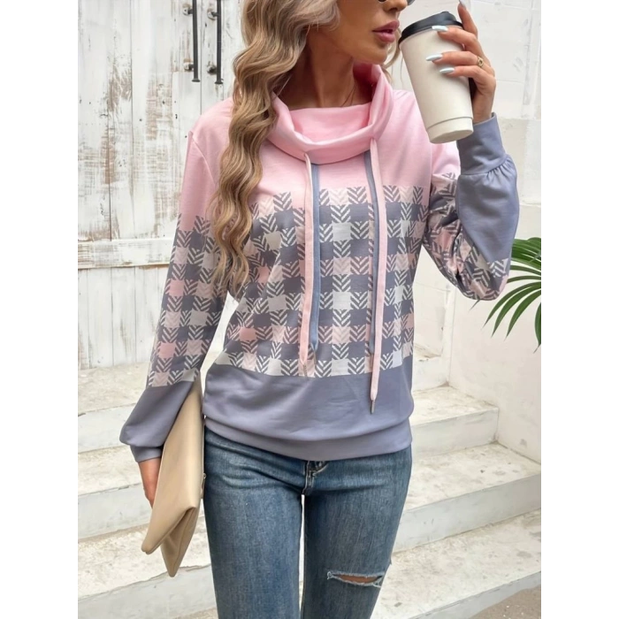 MDB Kadın Uzun Kollu Balıkçı Yaka Bağcıklı Desenli şardonlu Dalgıç Bluz