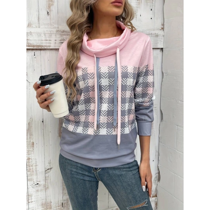 MDB Kadın Uzun Kollu Balıkçı Yaka Bağcıklı Desenli şardonlu Dalgıç Bluz