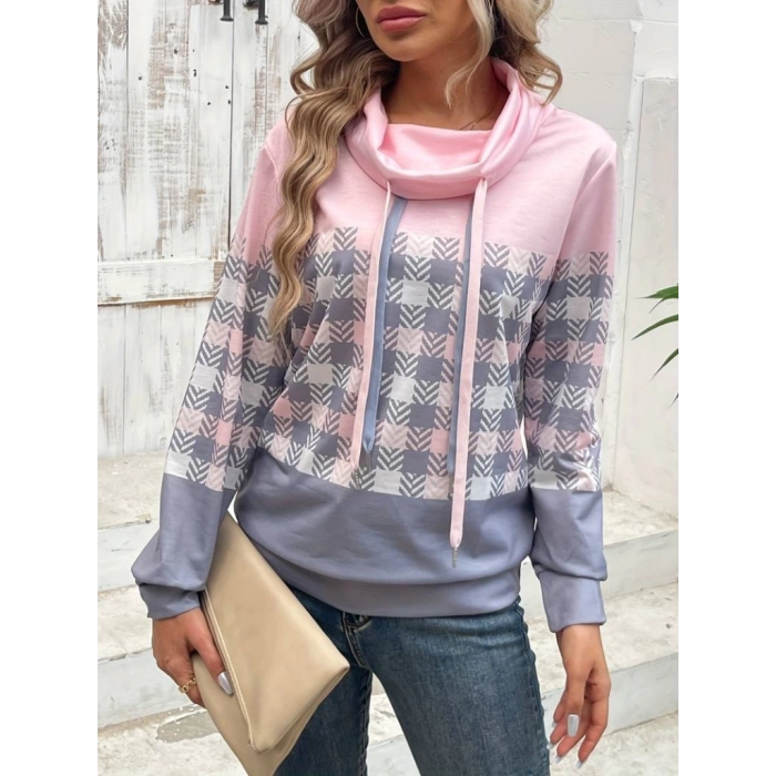 MDB Kadın Uzun Kollu Balıkçı Yaka Bağcıklı Desenli şardonlu Dalgıç Bluz