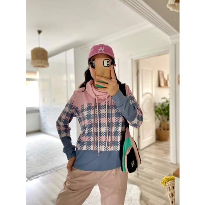 MDB Kadın Uzun Kollu Balıkçı Yaka Bağcıklı Desenli şardonlu Dalgıç Bluz