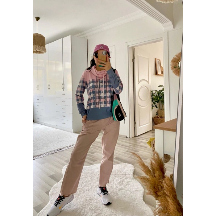 MDB Kadın Uzun Kollu Balıkçı Yaka Bağcıklı Desenli şardonlu Dalgıç Bluz