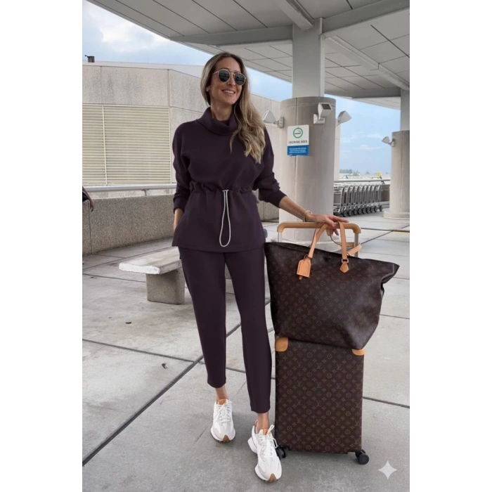 MDB Kadın Uzun Kollu Balıkçı Yaka Belden Lastikli Modal Bluz Ve Pantolon Ikili Takım