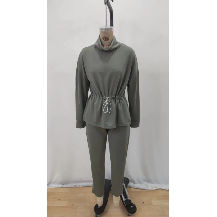 MDB Kadın Uzun Kollu Balıkçı Yaka Belden Lastikli Modal Bluz Ve Pantolon Ikili Takım