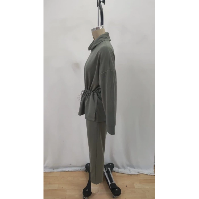 MDB Kadın Uzun Kollu Balıkçı Yaka Belden Lastikli Modal Bluz Ve Pantolon Ikili Takım