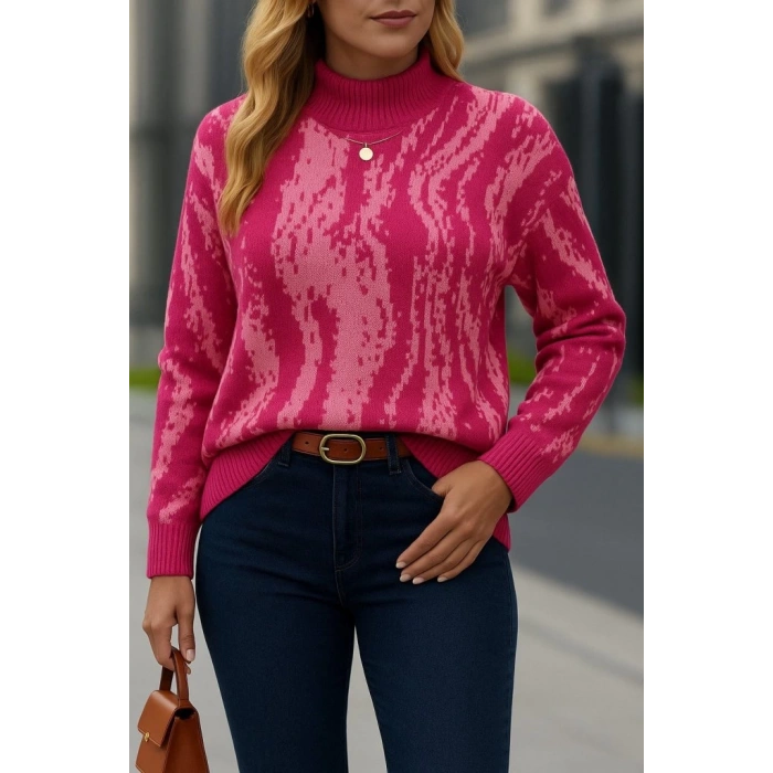 MDB Kadın Uzun Kollu Balıkçı Yaka çok Renkli Triko Bluz