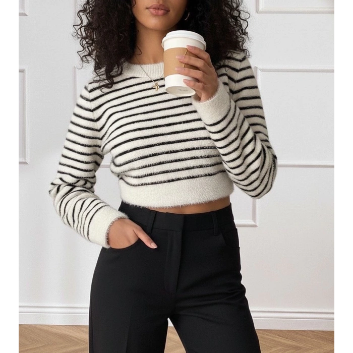 MDB Kadın Uzun Kollu Balıkçı Yaka Crop Triko Bluz