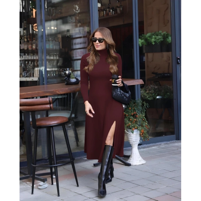 MDB Kadın Uzun Kollu Balıkçı Yaka Derin Yırtmaç Detay Modal Elbise