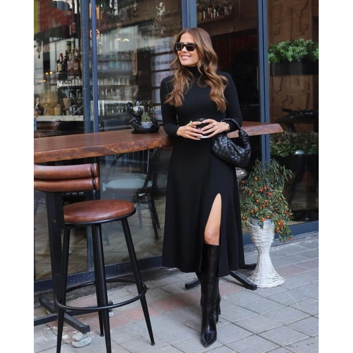 MDB Kadın Uzun Kollu Balıkçı Yaka Derin Yırtmaç Detay Krep Elbise