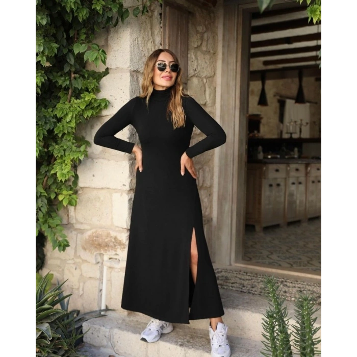 MDB Kadın Uzun Kollu Balıkçı Yaka Derin Yırtmaç Detay Krep Elbise