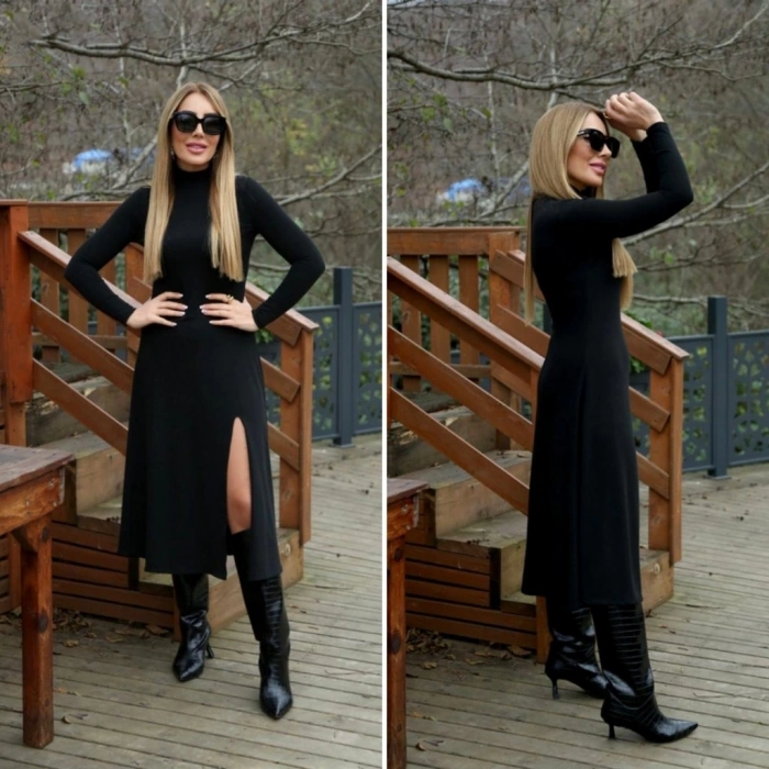 MDB Kadın Uzun Kollu Balıkçı Yaka Derin Yırtmaç Detay Krep Elbise