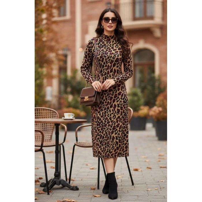 MDB Kadın Uzun Kollu Balıkçı Yaka eopar Desenli idi Boy Elbise