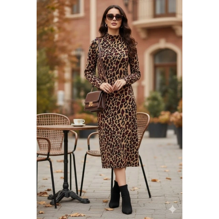 MDB Kadın Uzun Kollu Balıkçı Yaka eopar Desenli idi Boy Elbise