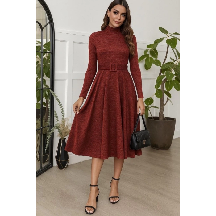 MDB Kadın Uzun Kollu Balıkçı Yaka Kemer Detaylı Yumoş Midi Elbise