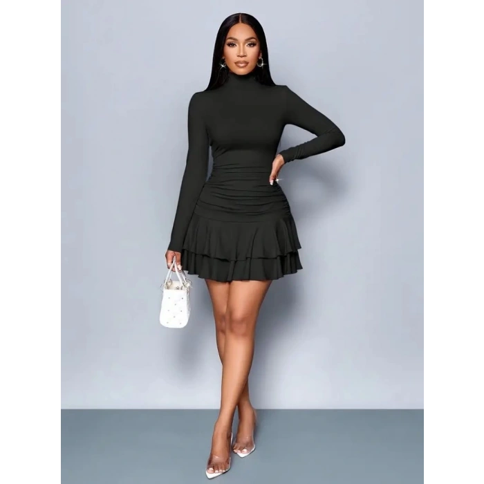 MDB Kadın Uzun Kollu Balıkçı Yaka Mini Fırfırlı Sandy Elbise