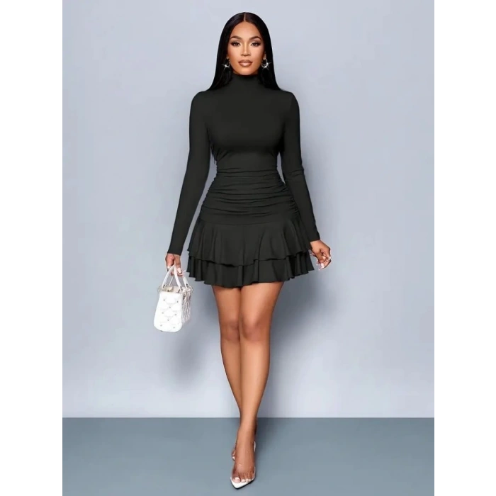 MDB Kadın Uzun Kollu Balıkçı Yaka Mini Fırfırlı Sandy Elbise