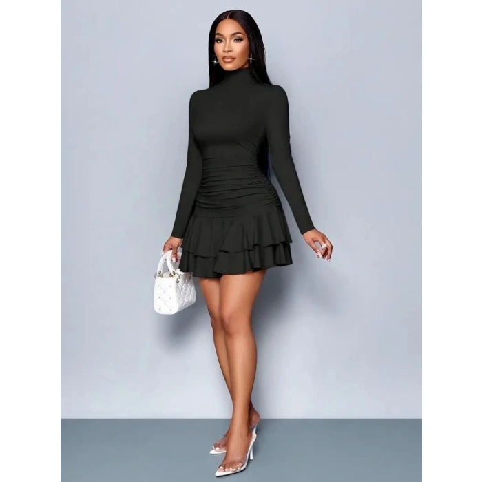 MDB Kadın Uzun Kollu Balıkçı Yaka Mini Fırfırlı Sandy Elbise