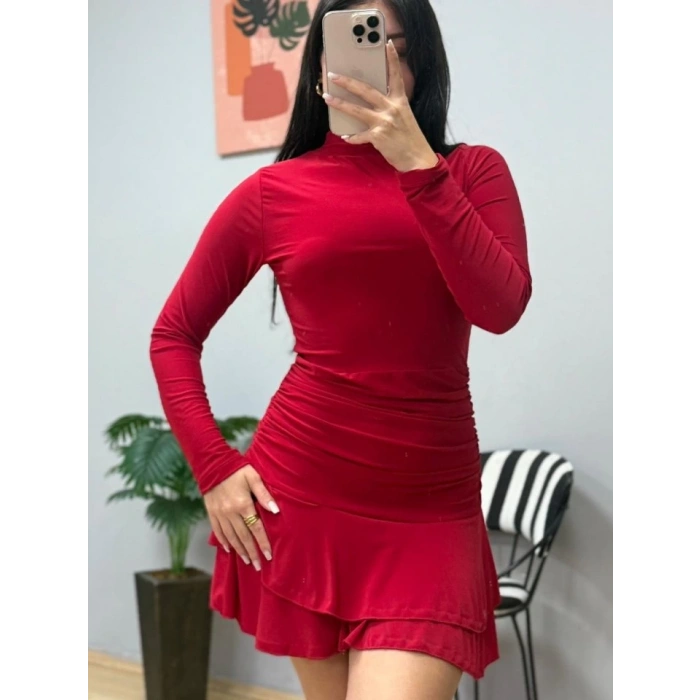 MDB Kadın Uzun Kollu Balıkçı Yaka Mini Fırfırlı Sandy Elbise