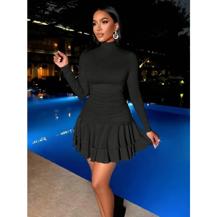 MDB Kadın Uzun Kollu Balıkçı Yaka Mini Fırfırlı Sandy Elbise