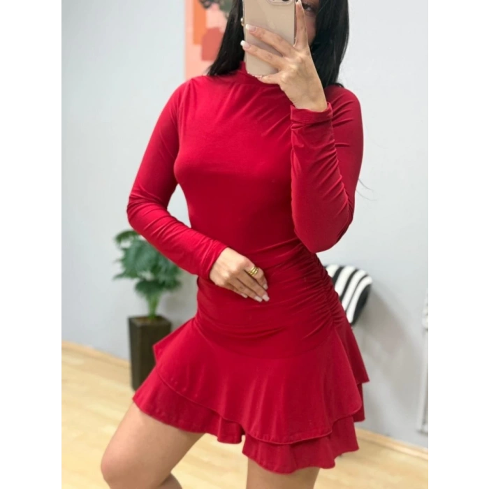 MDB Kadın Uzun Kollu Balıkçı Yaka Mini Fırfırlı Sandy Elbise