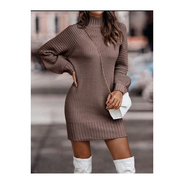 MDB Kadın Uzun Kollu Balıkçı Yaka Mini Triko Elbise