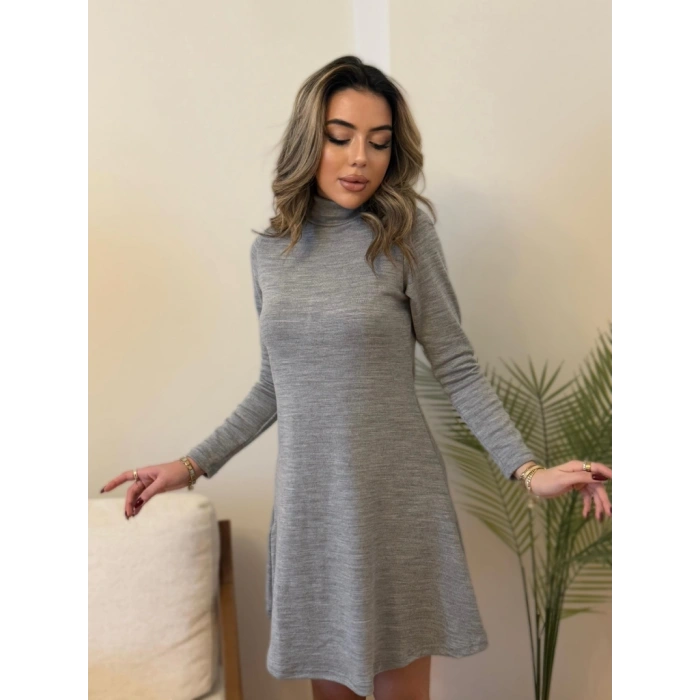 MDB Kadın Uzun Kollu Balıkçı Yaka Salaş Kusa Akrilik Elbise