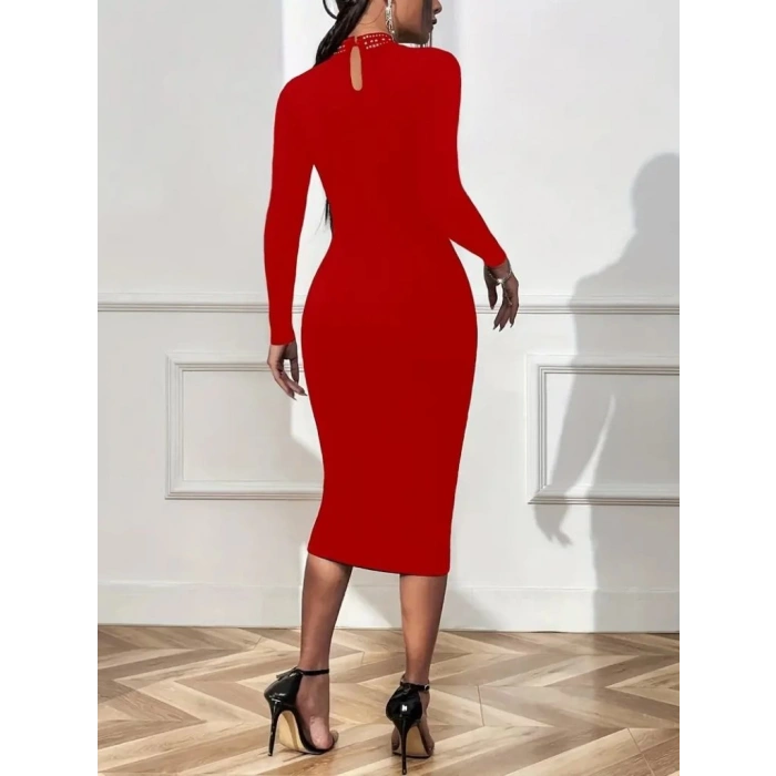 MDB Kadın Uzun Kollu Balıkçı Yaka Taşlı Damla Detay Midi Ithal Krep Elbise