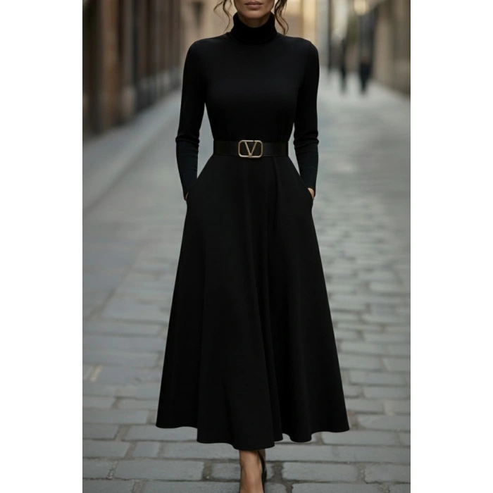 MDB Kadın Uzun Kollu Balıkçı Yaka Uzun Akrilik Elbise