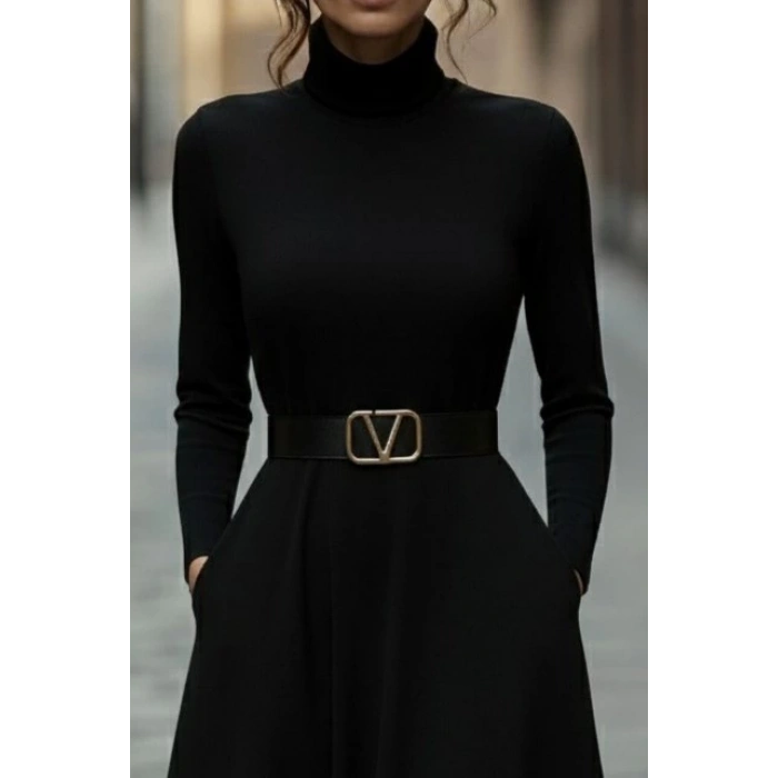 MDB Kadın Uzun Kollu Balıkçı Yaka Uzun Akrilik Elbise