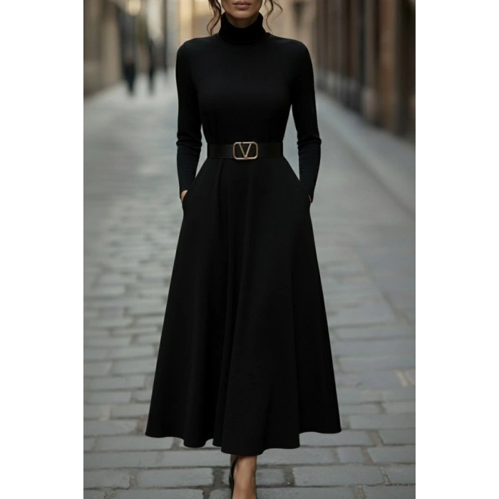 MDB Kadın Uzun Kollu Balıkçı Yaka Uzun Akrilik Elbise