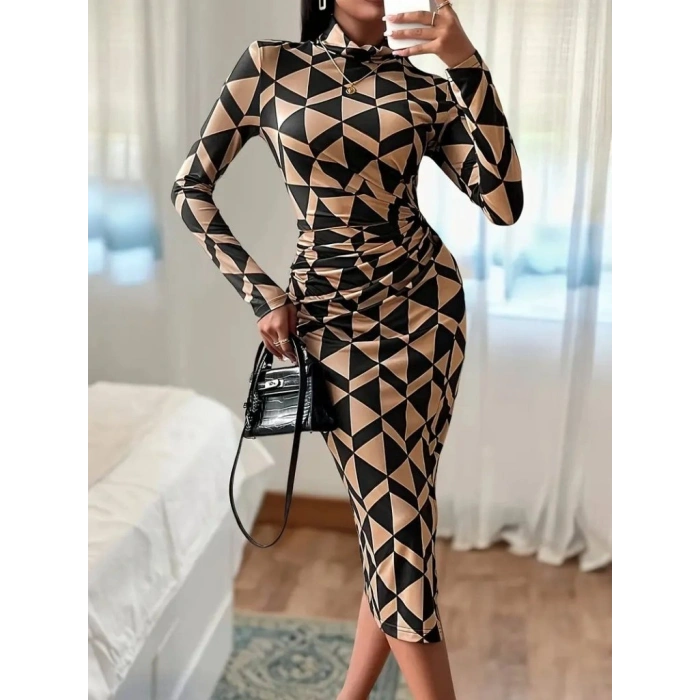 MDB Kadın Uzun Kollu Balıkçı Yaka Yandan Büzgülü Yırtmaçlı Modal Midi Elbise