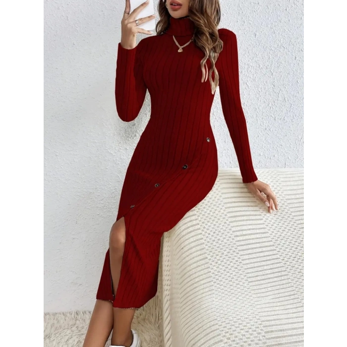 MDB Kadın Uzun Kollu Balıkçı Yaka Yırtmaçlı Düğmeli şardonlu Kaşkorse Elbise