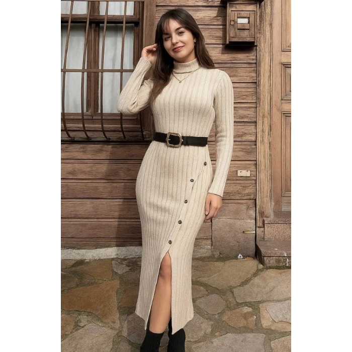 MDB Kadın Uzun Kollu Balıkçı Yaka Yırtmaçlı Düğmeli şardonlu Kaşkorse Elbise