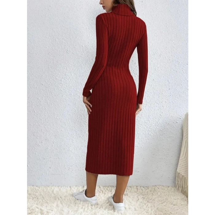 MDB Kadın Uzun Kollu Balıkçı Yaka Yırtmaçlı Düğmeli şardonlu Kaşkorse Elbise