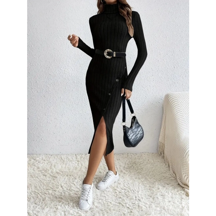 MDB Kadın Uzun Kollu Balıkçı Yaka Yırtmaçlı Düğmeli şardonlu Kaşkorse Elbise