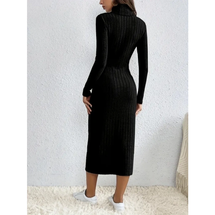 MDB Kadın Uzun Kollu Balıkçı Yaka Yırtmaçlı Düğmeli şardonlu Kaşkorse Elbise