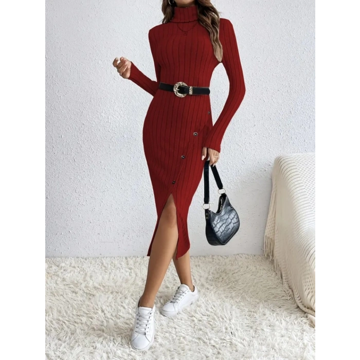 MDB Kadın Uzun Kollu Balıkçı Yaka Yırtmaçlı Düğmeli şardonlu Kaşkorse Elbise