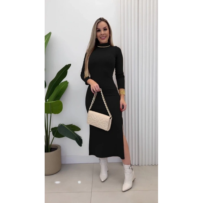 MDB Kadın Uzun Kollu Balıkçı Yakalı Yanlardan Yırtmaçlı Kaşkorse Maxi Elbise