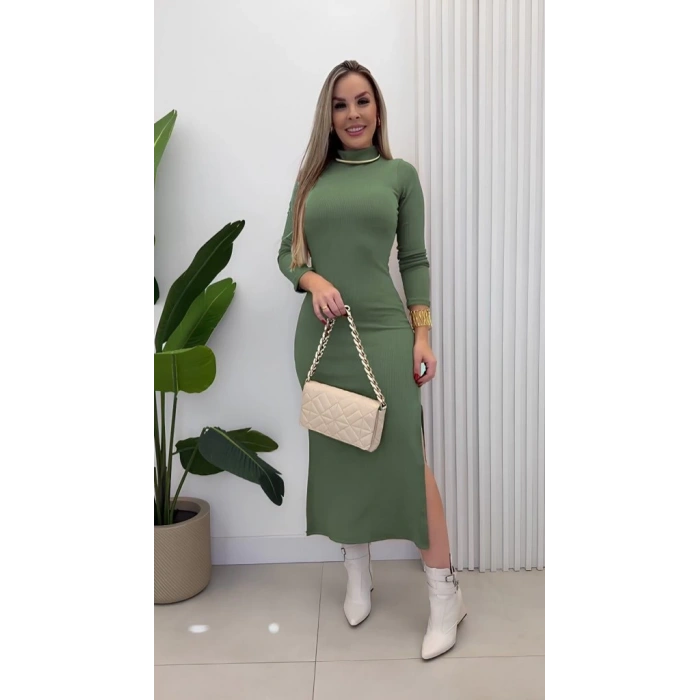 MDB Kadın Uzun Kollu Balıkçı Yakalı Yanlardan Yırtmaçlı Kaşkorse Maxi Elbise