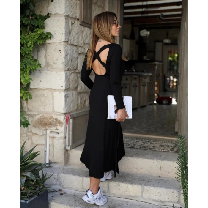 MDB Kadın Uzun Kollu Bisiklet Yaka Arkası çapraz Detaylı Viskon Iki Iplik Maxi Elbise