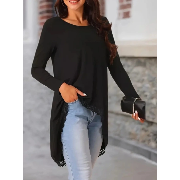 MDB Kadın Uzun Kollu Bisiklet Yaka Asimetrik Kesim Detaylı Dantelli Viskon Bluz