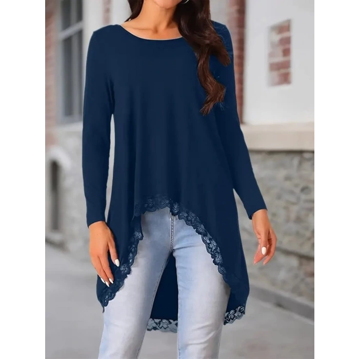 MDB Kadın Uzun Kollu Bisiklet Yaka Asimetrik Kesim Detaylı Dantelli Viskon Bluz
