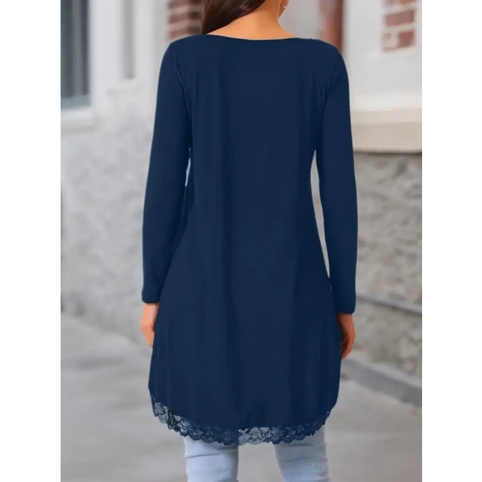 MDB Kadın Uzun Kollu Bisiklet Yaka Asimetrik Kesim Detaylı Dantelli Viskon Bluz